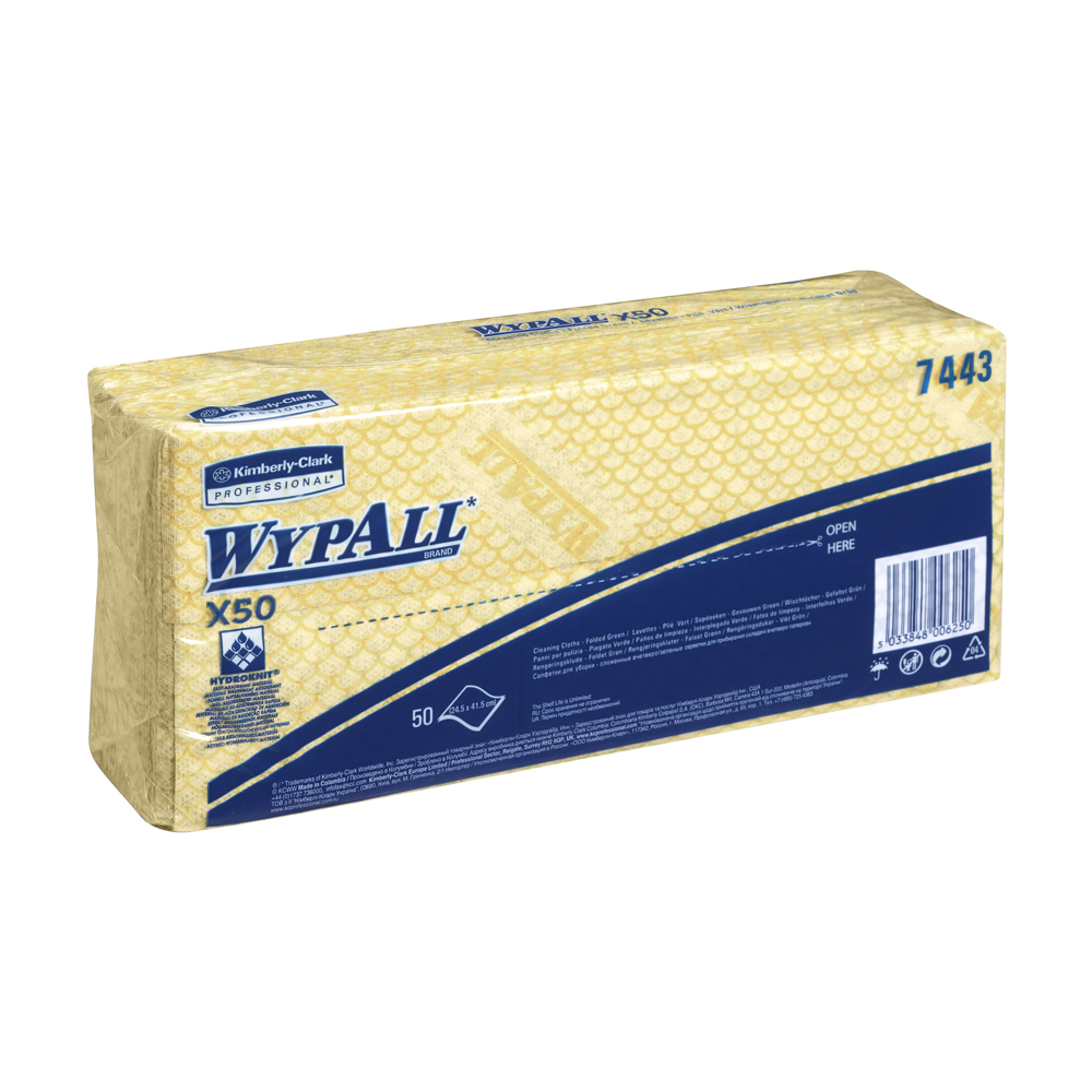 WypAll® X50 Colour Coded Cleaning Cloths 7443 - Yellow Wiping Cloths - 6 Packs x 50 Interfolded Colour Coded Cloths (300 total) - 7443