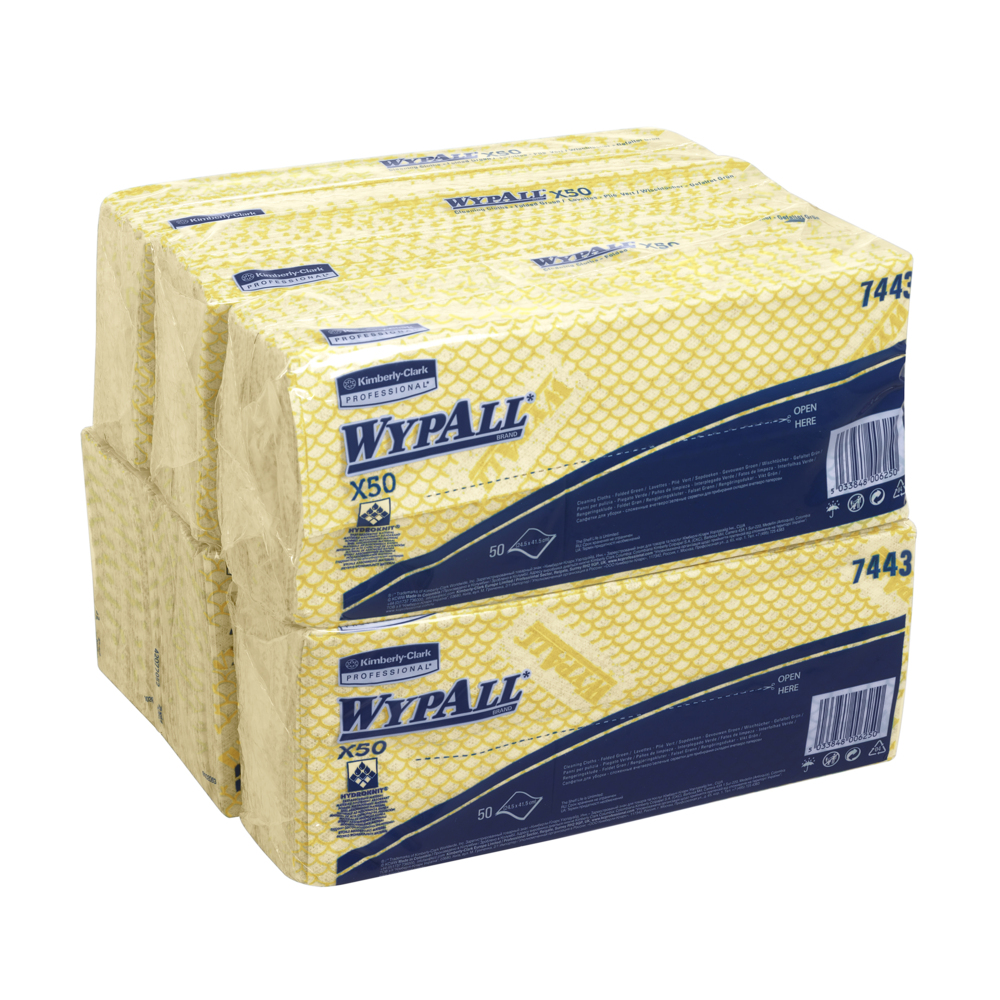 WypAll® X50 Colour Coded Cleaning Cloths 7443 - Yellow Wiping Cloths - 6 Packs x 50 Interfolded Colour Coded Cloths (300 total) - 7443