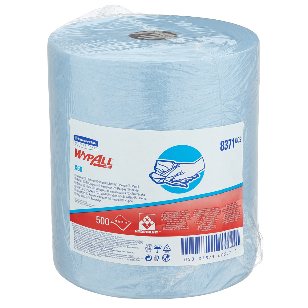 Chiffons en grand rouleau WypAll® X60 8371 - 1 grand rouleau de 500 chiffons bleus, 1 épaisseur - 8371