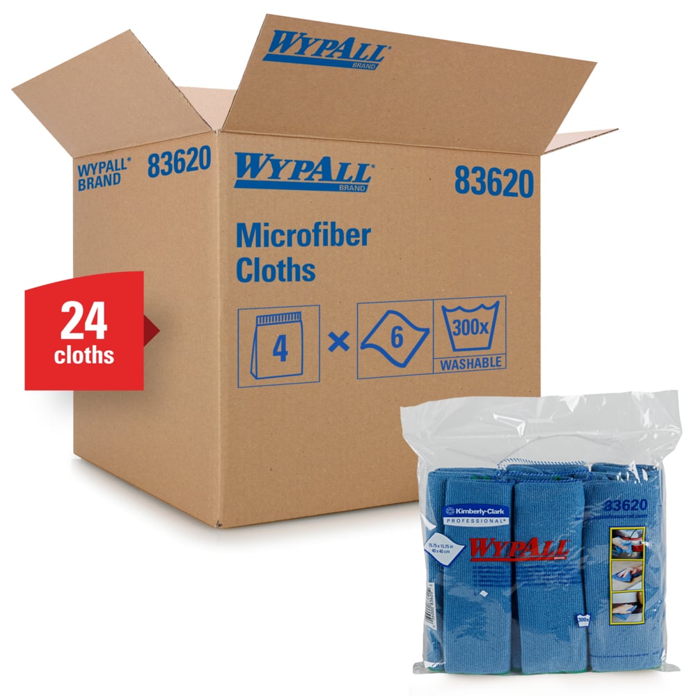 WypAll® Microfiber Cloths (83620), Blue, Reusable, 4 Packs / Case, 6 Cloths / Bag (24 Cloths) - 991083620