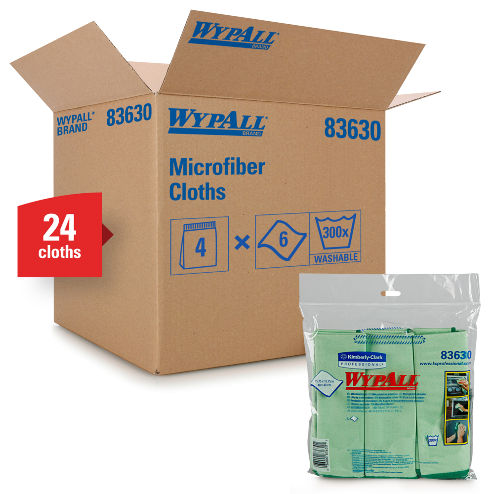 WypAll® Microfiber Cloths (83630), Green, Reusable, 4 Packs / Case, 6 Cloths / Bag (24 Cloths) - 991083630