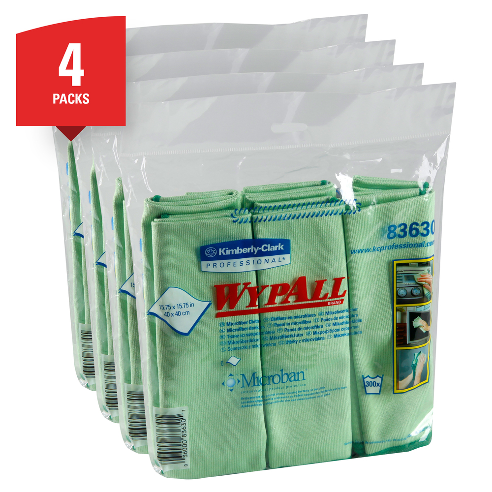WypAll® Microfiber Cloths (83630), Green, Reusable, 4 Packs / Case, 6 Cloths / Bag (24 Cloths) - 991083630