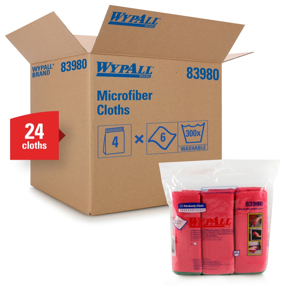 WypAll® Microfiber Cloths (83980), Red, Reusable, 4 Packs / Case, 6 Cloths / Bag (24 Cloths) - 83980