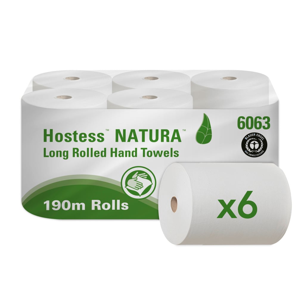 Hostess™ NATURA™ Papierhandtücher aus 100 % Recyclingmaterial 6063 – 1-lagige Rollenhandtücher – 6 x 190 m Papierhandtücher in Rollen (1,140 m gesamt) - 6063