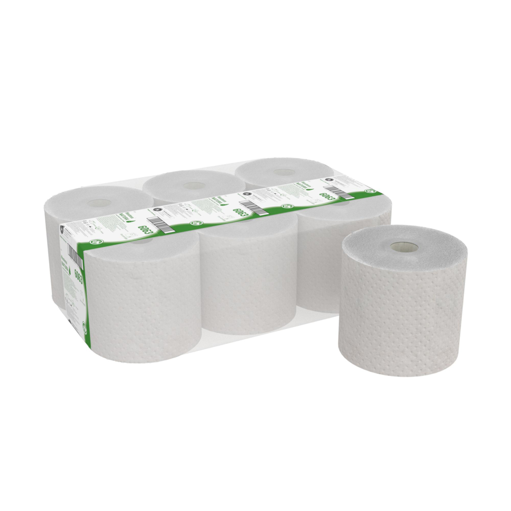 Hostess™ NATURA™ Papierhandtücher aus 100 % Recyclingmaterial 6063 – 1-lagige Rollenhandtücher – 6 x 190 m Papierhandtücher in Rollen (1,140 m gesamt) - 6063
