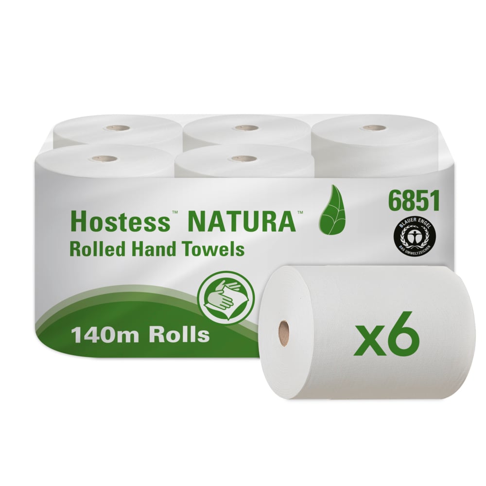 Hostess™ NATURA™ Papierhandtücher aus 100 % Recyclingmaterial 6851 – 2-lagige Rollenhandtücher – 6 x 140m Papierhandtücher in Rollen (840m gesamt) - 6851