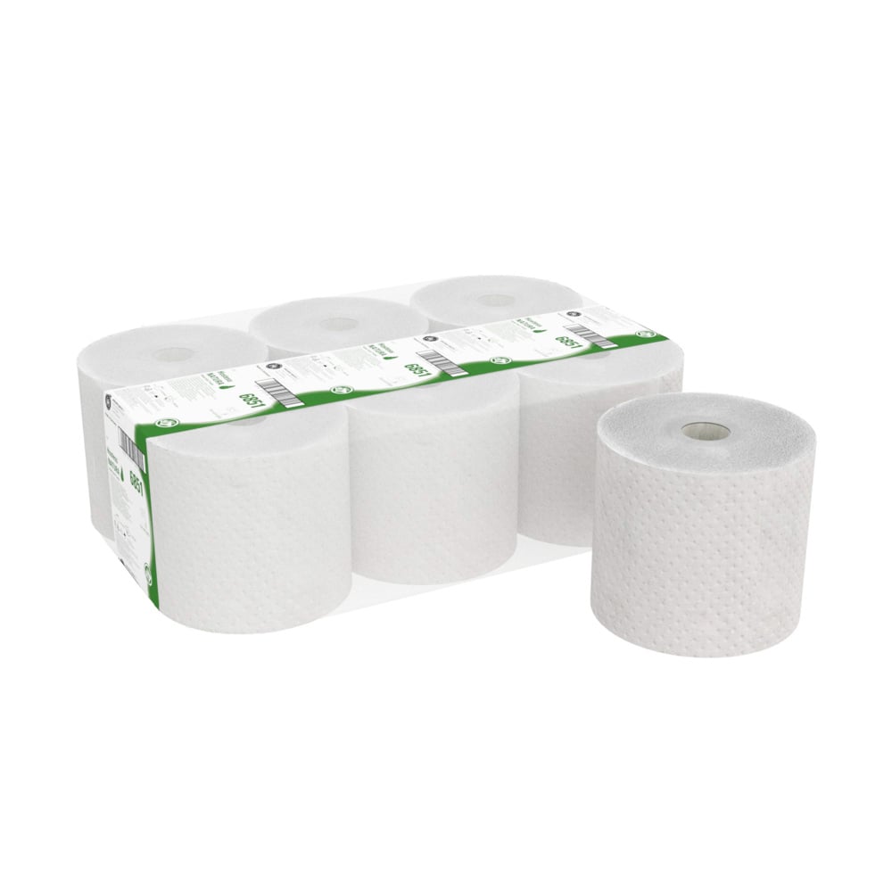 Hostess™ NATURA™ Papierhandtücher aus 100 % Recyclingmaterial 6851 – 2-lagige Rollenhandtücher – 6 x 140m Papierhandtücher in Rollen (840m gesamt) - 6851