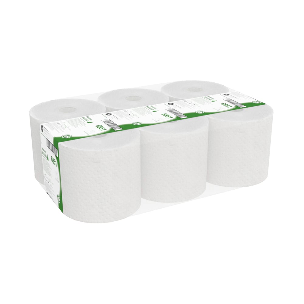 Hostess™ NATURA™ Papierhandtücher aus 100 % Recyclingmaterial 6851 – 2-lagige Rollenhandtücher – 6 x 140m Papierhandtücher in Rollen (840m gesamt) - 6851