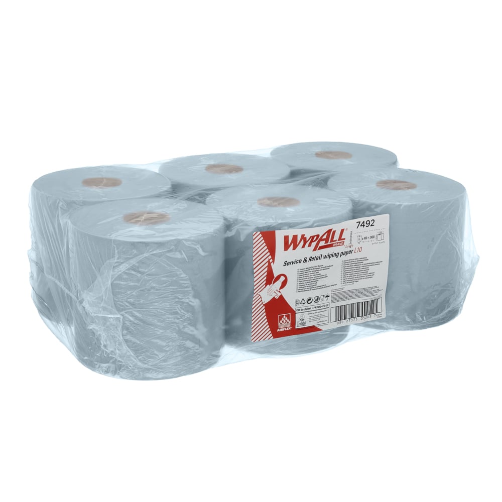WypAll® L10 Service & Retail Wiping Paper 7492 - Centrefeed Roll for Roll Control™ Dispenser - 6 Blue Rolls x 400 Paper Wipers (2,400 total) - 7492