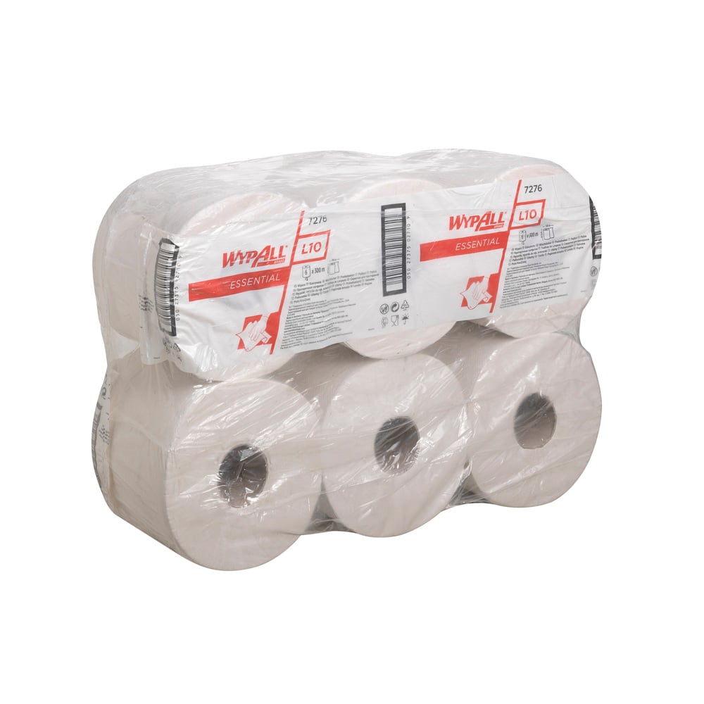 WypAll® L10 Essential Wiping Paper 7276 - Centrefeed Roll - 6 Rolls x 300m White Paper Wipers (1,800m total) - 7276