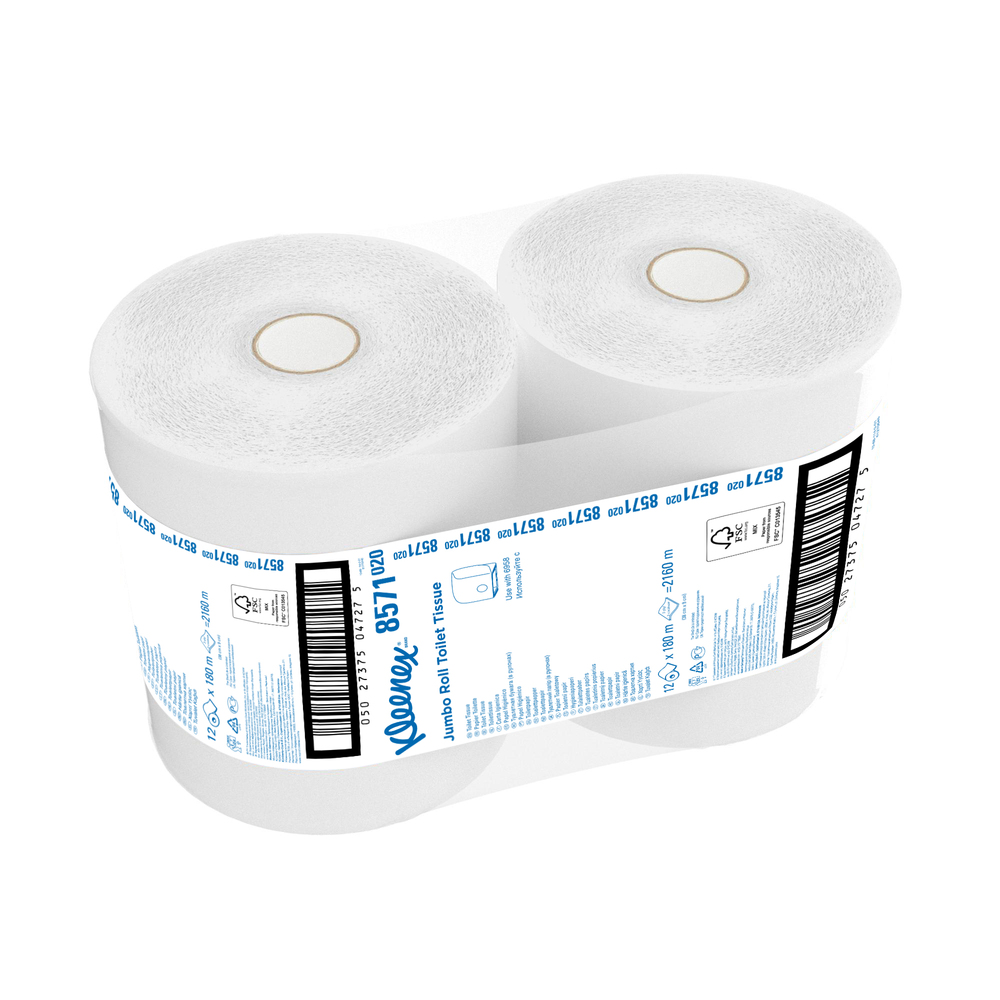Kleenex® Jumbo Toilet Roll 8571 - Jumbo Roll Toilet Tissue - 12 Rolls x 180m 2 Ply Toilet Paper (2,160m total / 5,685 sheets total) - 8571