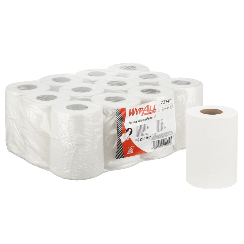 WypAll® Surface Wiping Paper L10 Centrefeed Roll 7374 - 12 rolls x 200 sheets, 1 ply, white - 7374