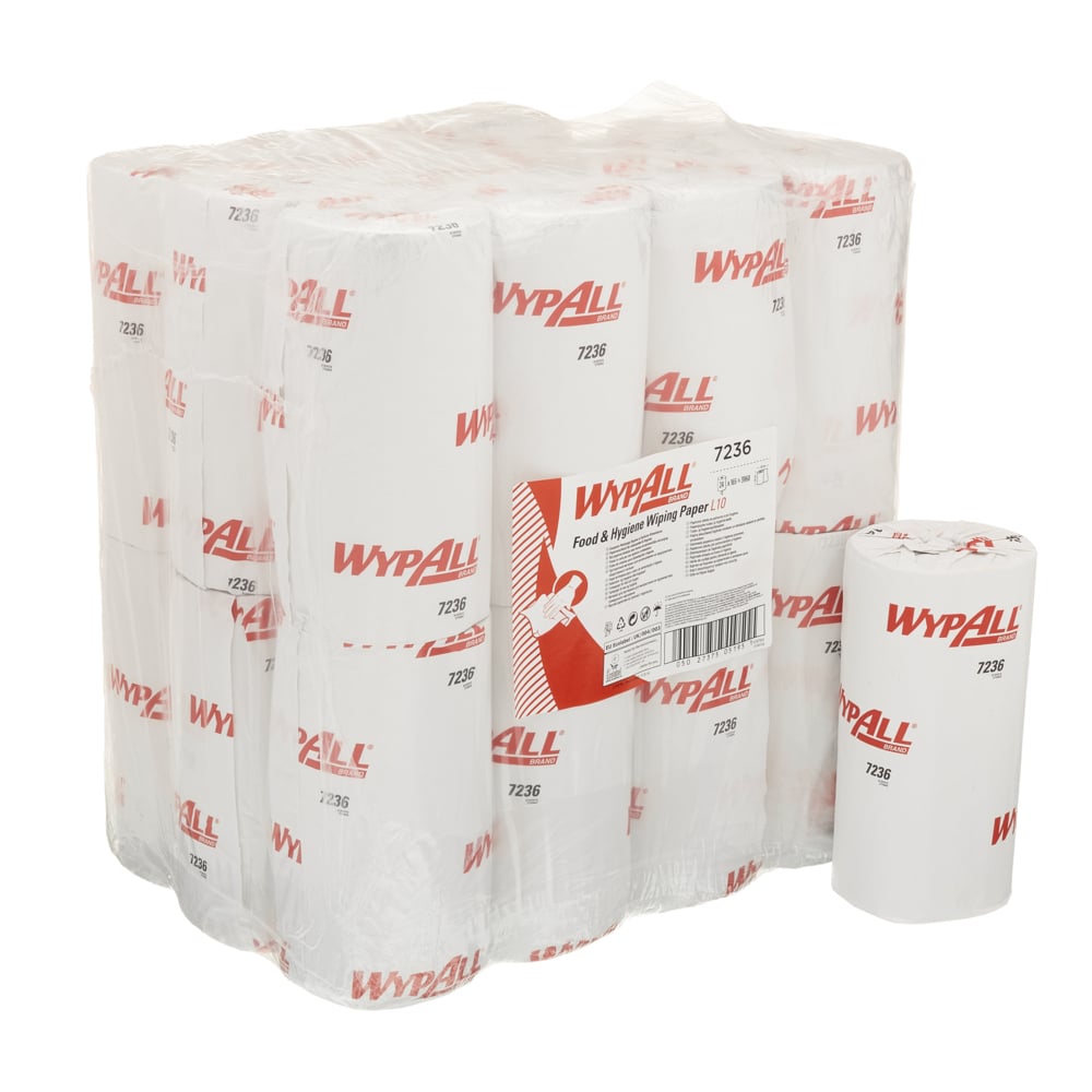 WypAll® L10 Food & Hygiene Wiping Paper 7236 - 1 Ply Compact Cleaning Wipes - 24 Rolls x 165 White Paper Wipes (3960 total) - 7236