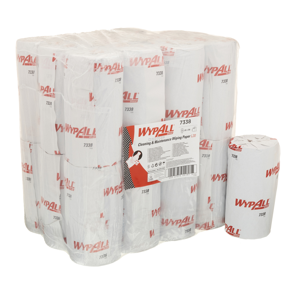 WypAll® Papierwischtücher für Instandhaltungsarbeiten L20, kompakte Rolle 7338 – 24 Rollen x 116 Wischtücher, 2-lagig, blau - 7338