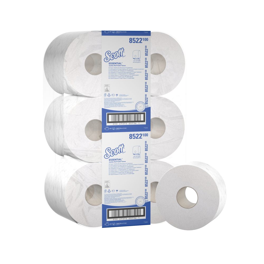 Scott® Essential™ Jumbo Toilettenpapierrolle 8522 – Jumbo-Rolle Toilettenpapier – 12 Rollen x 474 Blatt 2-lagigen Toilettenpapiers (2.160m gesamt) - 8522