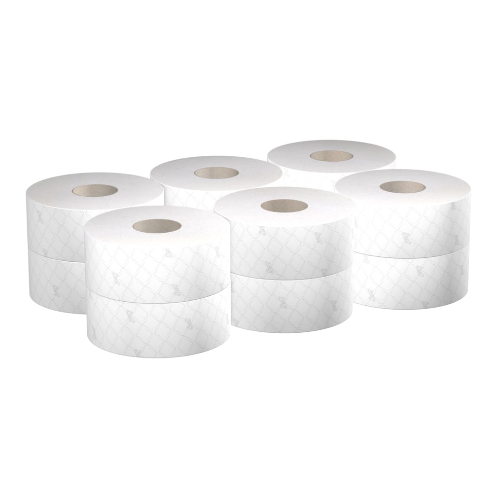 Scott® Essential™ Jumbo Roll Toilet Tissue 8614 - 2 Ply Toilet Paper - 12 Rolls x 500 White Toilet Paper Sheets (2,400m) - 8614