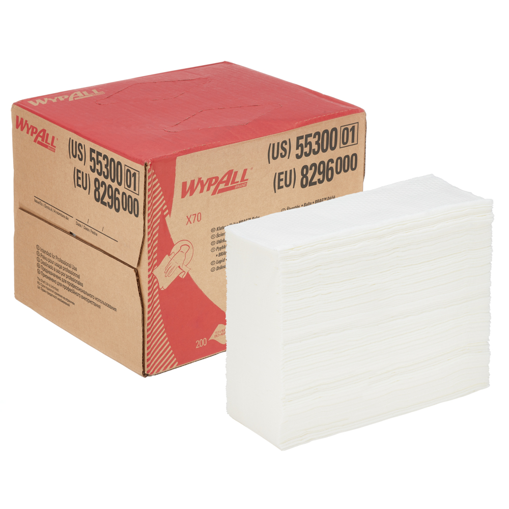 Chiffons de nettoyage WypAll® X70 8296 - 1 boîte distributrice BRAG™ de 200 chiffons blancs, 1 épaisseur - 8296