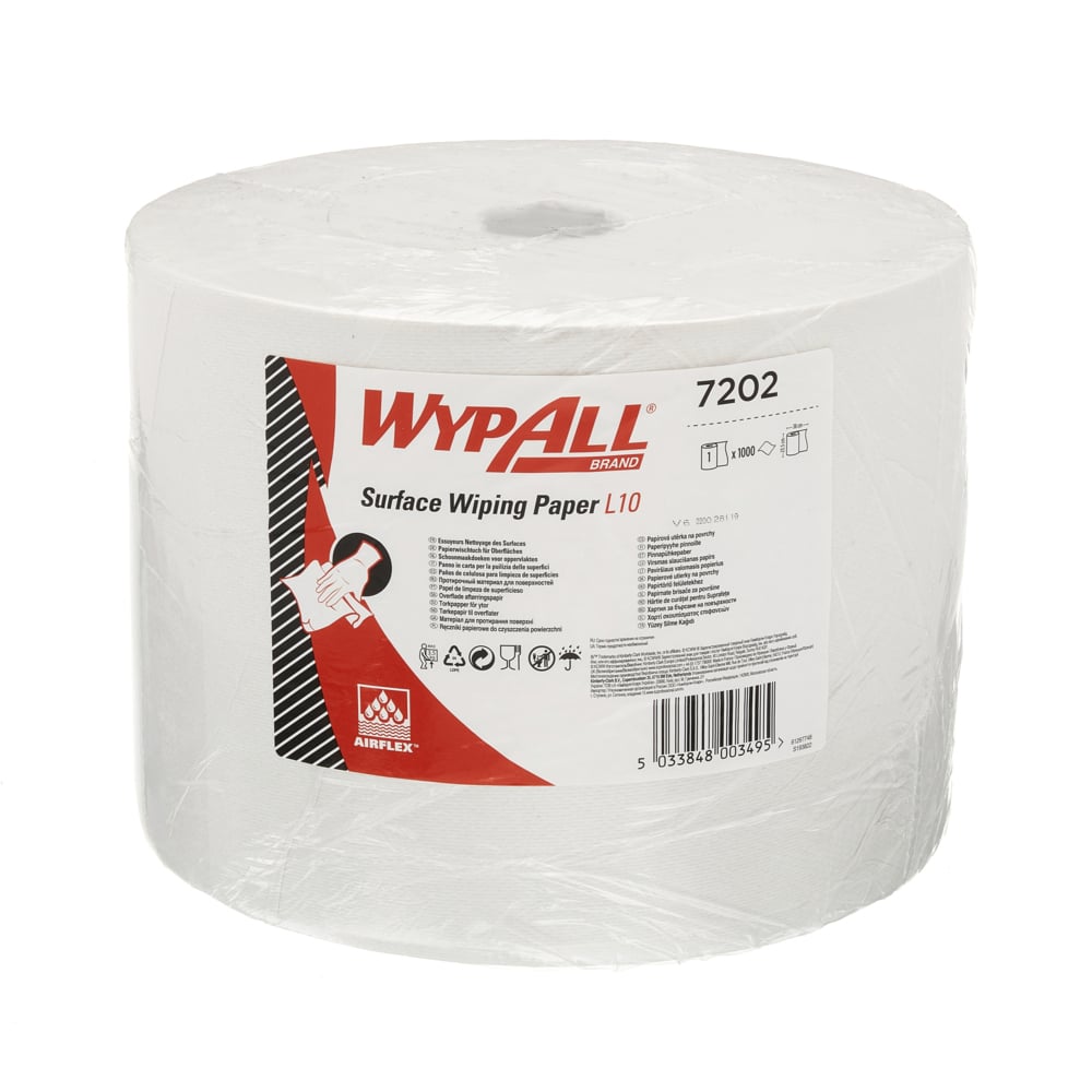 WypAll® Papierwischtücher für Oberflächen L10, Jumborolle 7202 – 1 Rolle x 1.000 Wischtücher, 1-lagig, weiß - 7202