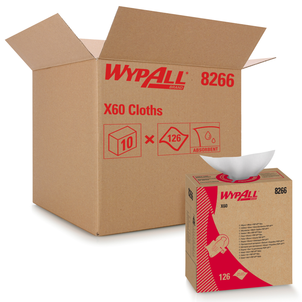 Chiffons WypAll® X60 8266 - Chiffons de nettoyage - 10 boîtes distributrices x 126 chiffons blancs (1 260 au total) - 8266