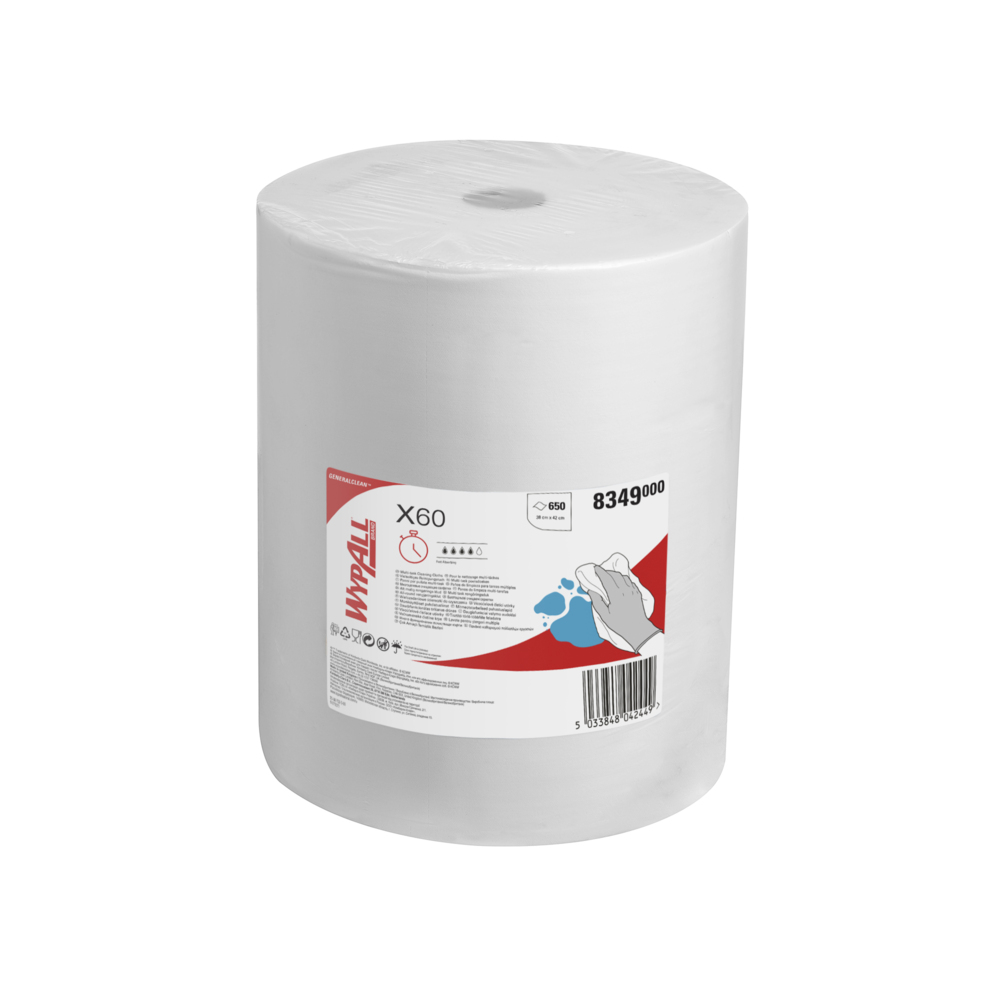 Chiffons multifonctions WypAll® X60 8349 - Chiffons absorbants réutilisables - 1 grand rouleau x 650 chiffons blancs de nettoyage industriel - 8349