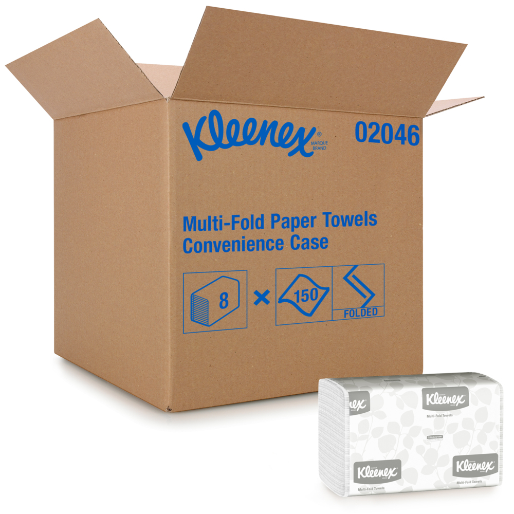 Essuie-mains à plis multiples Kleenex (02046), blanc, 8 paquets/caisse pratique, 150 serviettes en papier à trois plis/paquet, 1 200 serviettes/caisse - 02046