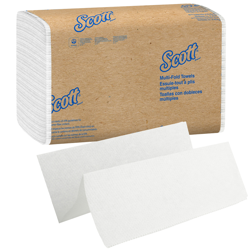 Essuie-mains à plis multiples Scott Essential (01804) avec pochettes d’air à séchage rapide, blanc, 16 paquets/étui pratique, 250 serviettes à plis multiples/paquet - 01804