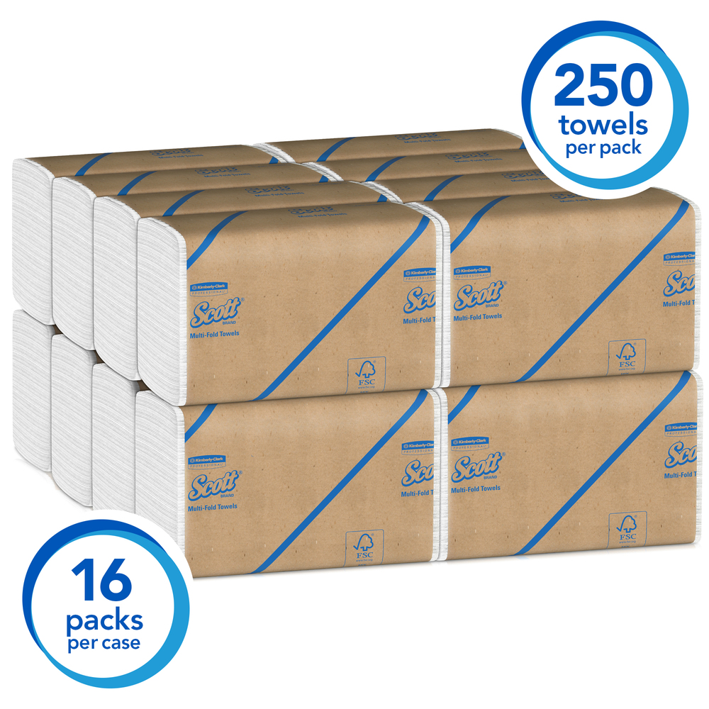 Scott® Essential 100% Recycled Fiber Multifold Paper Towels (01807), 9.2” x 9.4”, White, 16 Clips / Case, 250 Sheets / Clip, 4,000 Towels / Case - 01807