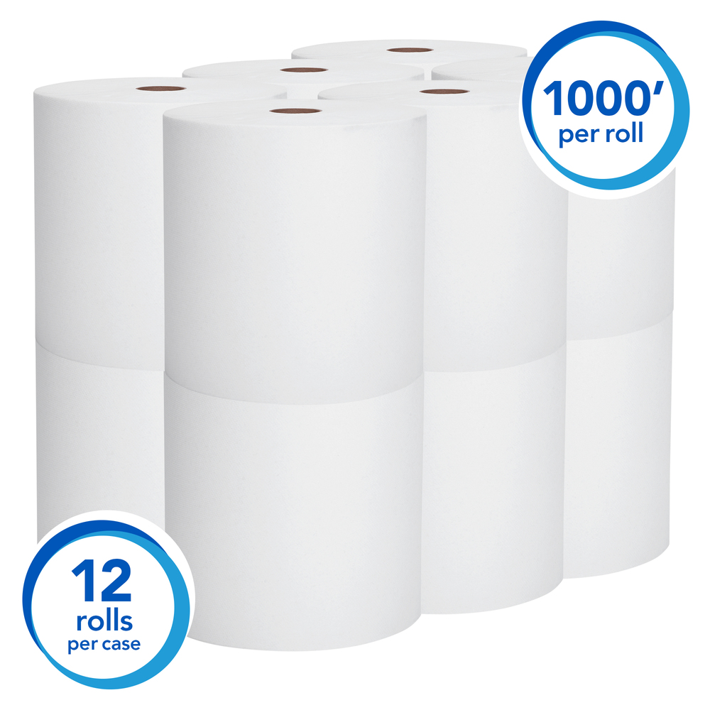 Scott® Essential High Capacity Hard Roll Paper Towels (01000), White, 12 Paper Towel Rolls / Case, 1,000' / Roll, 12,000' / Case - 01000