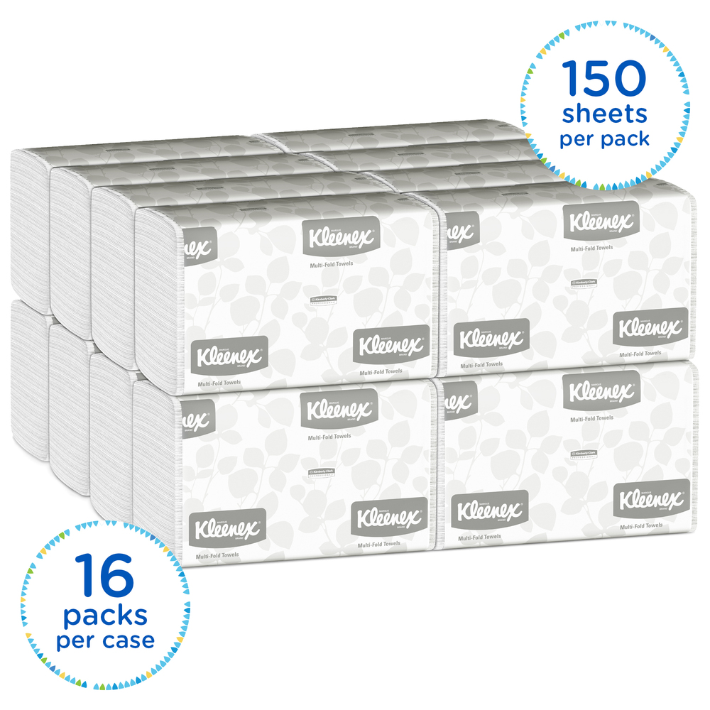 Kleenex® Multifold Paper Towels (01890), Absorbent, White, 16 Packs / Case, 150 Multifold Paper Towels / Pack, 2,400 Towels / Case - 01890