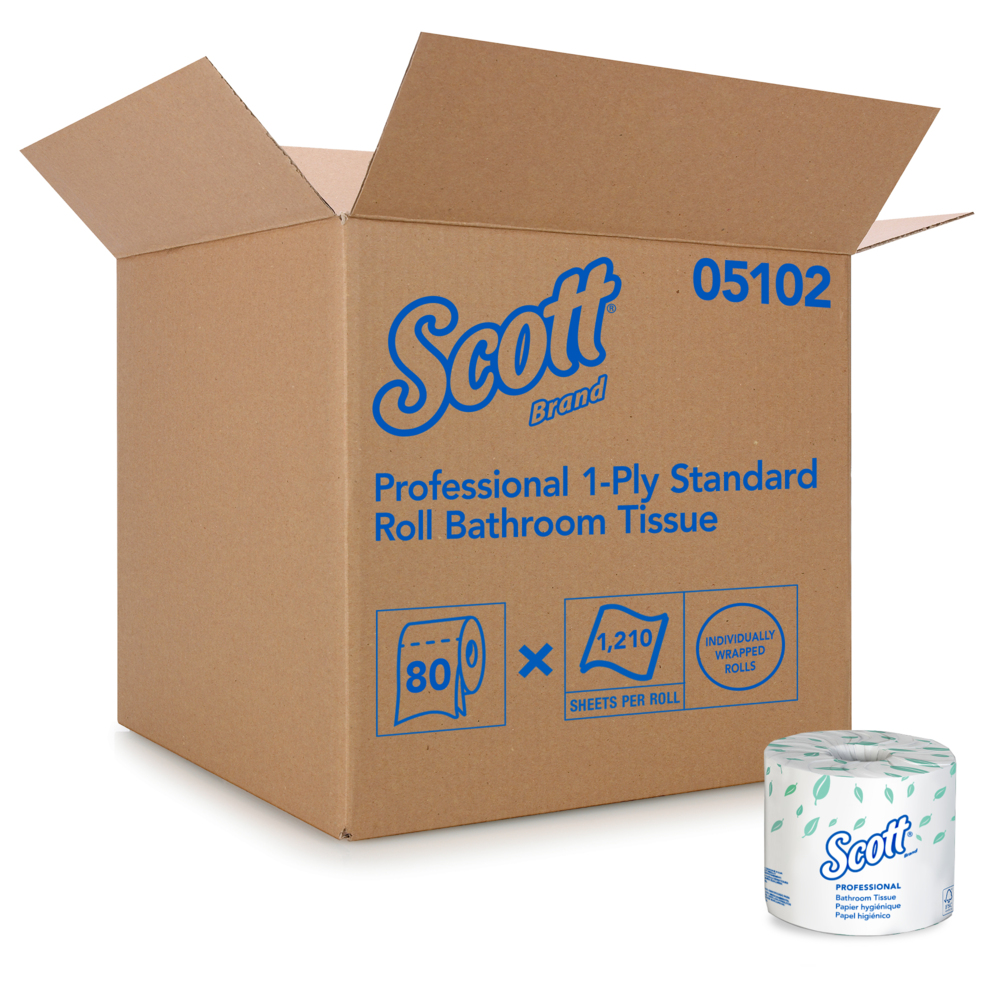 Papier hygiénique en vrac pour les entreprises Scott Essential Professional (05102), rouleaux standard emballés individuellement, 1 épaisseur, blanc, 80 rouleaux/caisse, 1 210 feuilles/rouleau - 05102