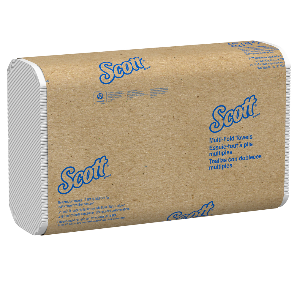 Essuie-mains à plis multiples Scott Essential (01804) avec pochettes d’air à séchage rapide, blanc, 16 paquets/étui pratique, 250 serviettes à plis multiples/paquet - 01804