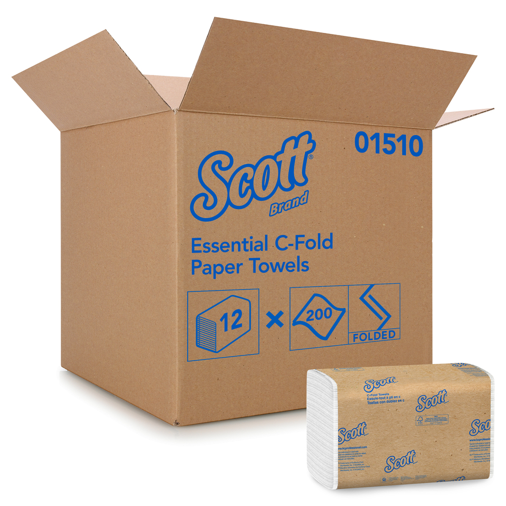 Essuie-mains pliés en C Scott Essential (01510), à séchage rapide, 12 paquets/caisse, 200 feuilles pliées en C/paquet - 01510