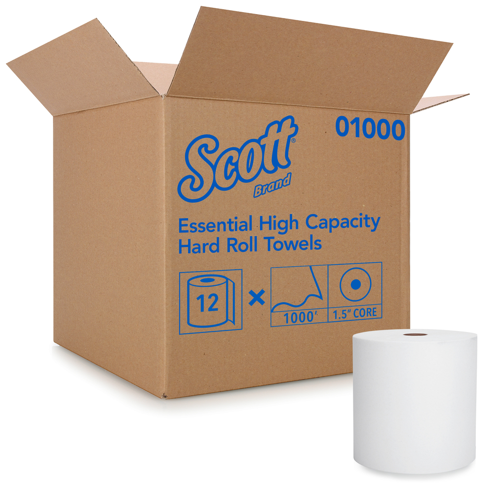 Scott® Essential High Capacity Hard Roll Paper Towels (01000), White, 12 Paper Towel Rolls / Case, 1,000' / Roll, 12,000' / Case