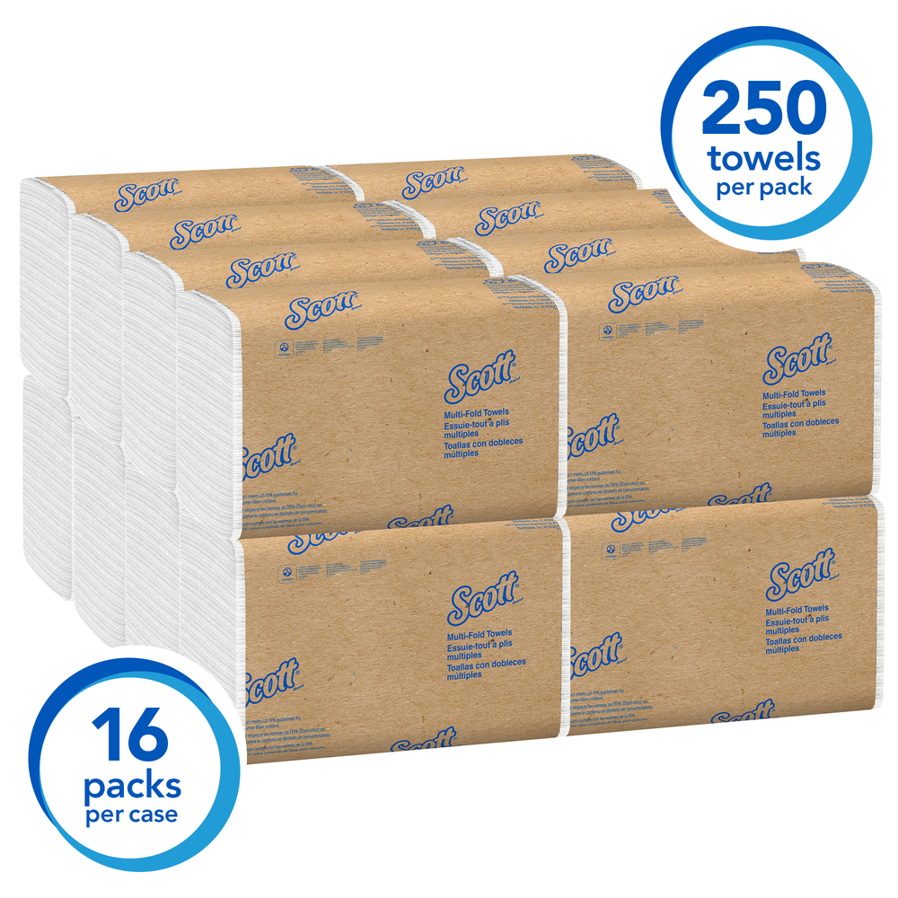 Scott® Essential Multifold Paper Towels (01804) with Fast-Drying Absorbency Pockets, White, 16 Packs / Case, 250 Multifold Towels / Pack - 01804