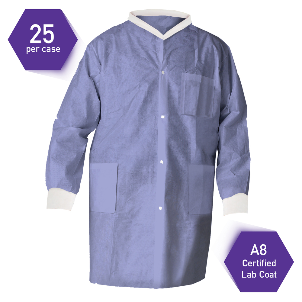 Kimtech™ A8 Certified Lab Coats with Knit Cuffs and Collar (10031), Protective 3-Layer SMS Fabric, Knit Collar & Cuffs, Unisex, Blue, Medium, 25 / Case - 10031