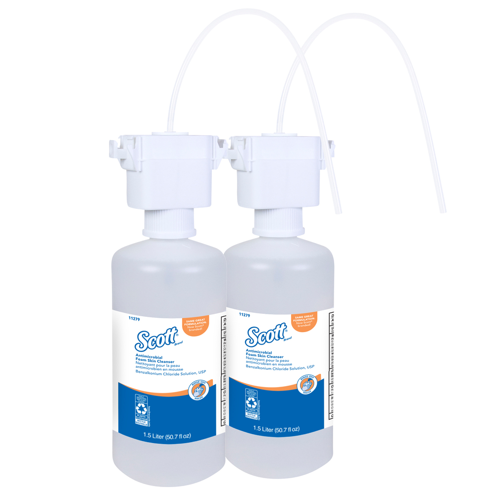 Mousse nettoyante antimicrobienne pour la peau Scott Control, 0,1 % de chlore de benzalkonium (11279), transparente, non parfumée, 1,5 L, 2 recharges pour distributrice intégrée au comptoir/caisse - 11279