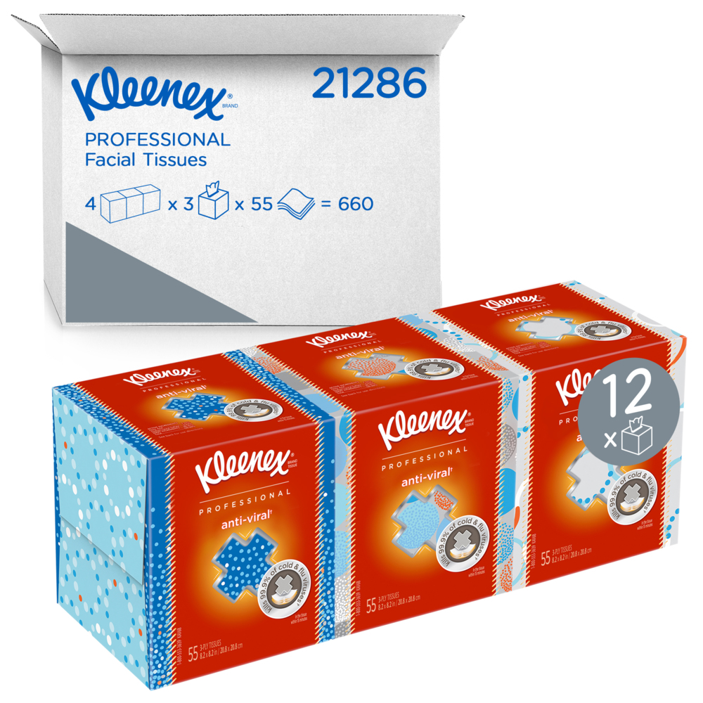 Cube de mouchoirs antiviraux Kleenex Professional pour entreprise (21286), blanc, 3 boîtes/paquet, 4 paquets/caisse, 12 boîte/caisse - 21286