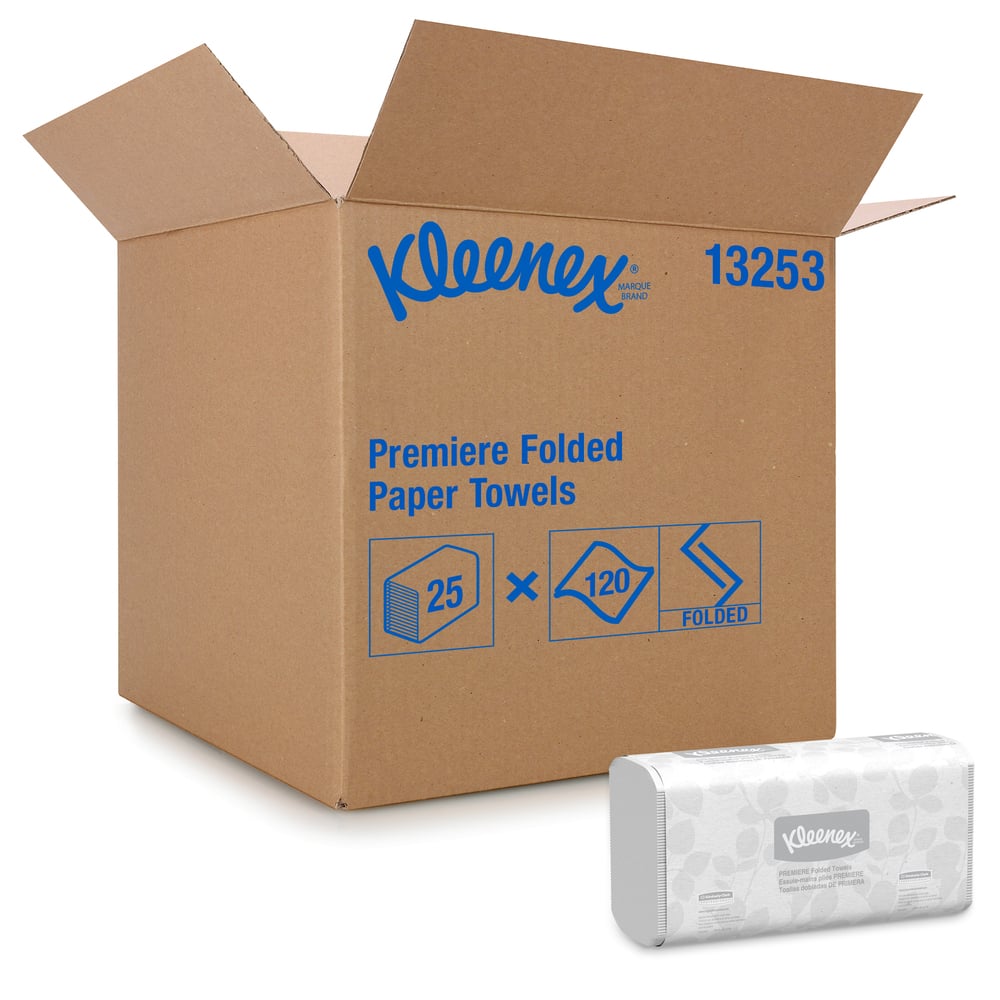 Kleenex® Premium Folded Paper Towels (13253) with Fast-Drying Absorbency Pockets, White, 25 Packs / Case, 120 Trifold Towels / Pack, 3,000 Towels / Case - 13253