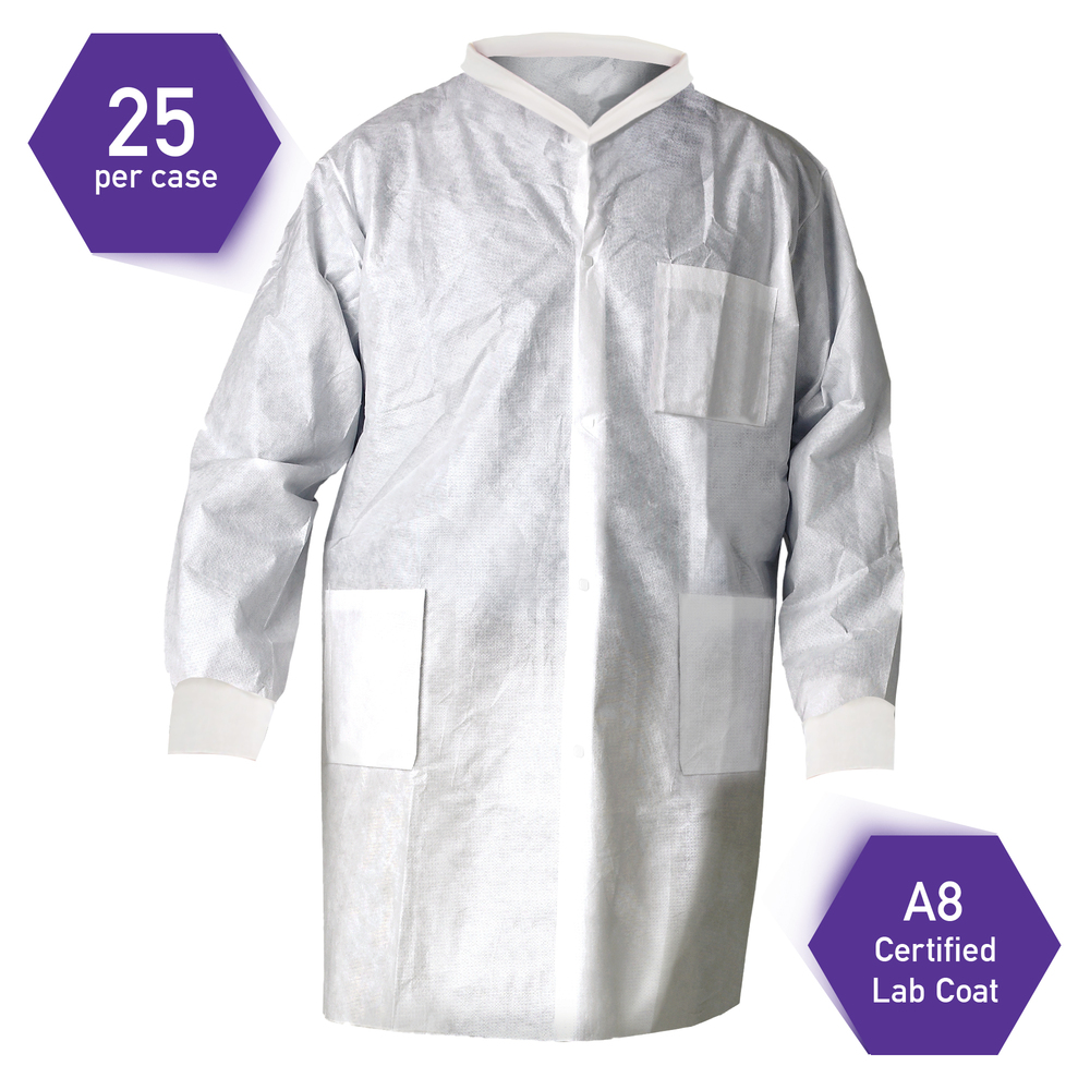 Kimtech™ A8 Certified Lab Coats with Knit Cuffs and Collar (10020), Protective 3-Layer SMS Fabric, Knit Collar & Cuffs, Unisex, White, Small, 25 / Case - 10020