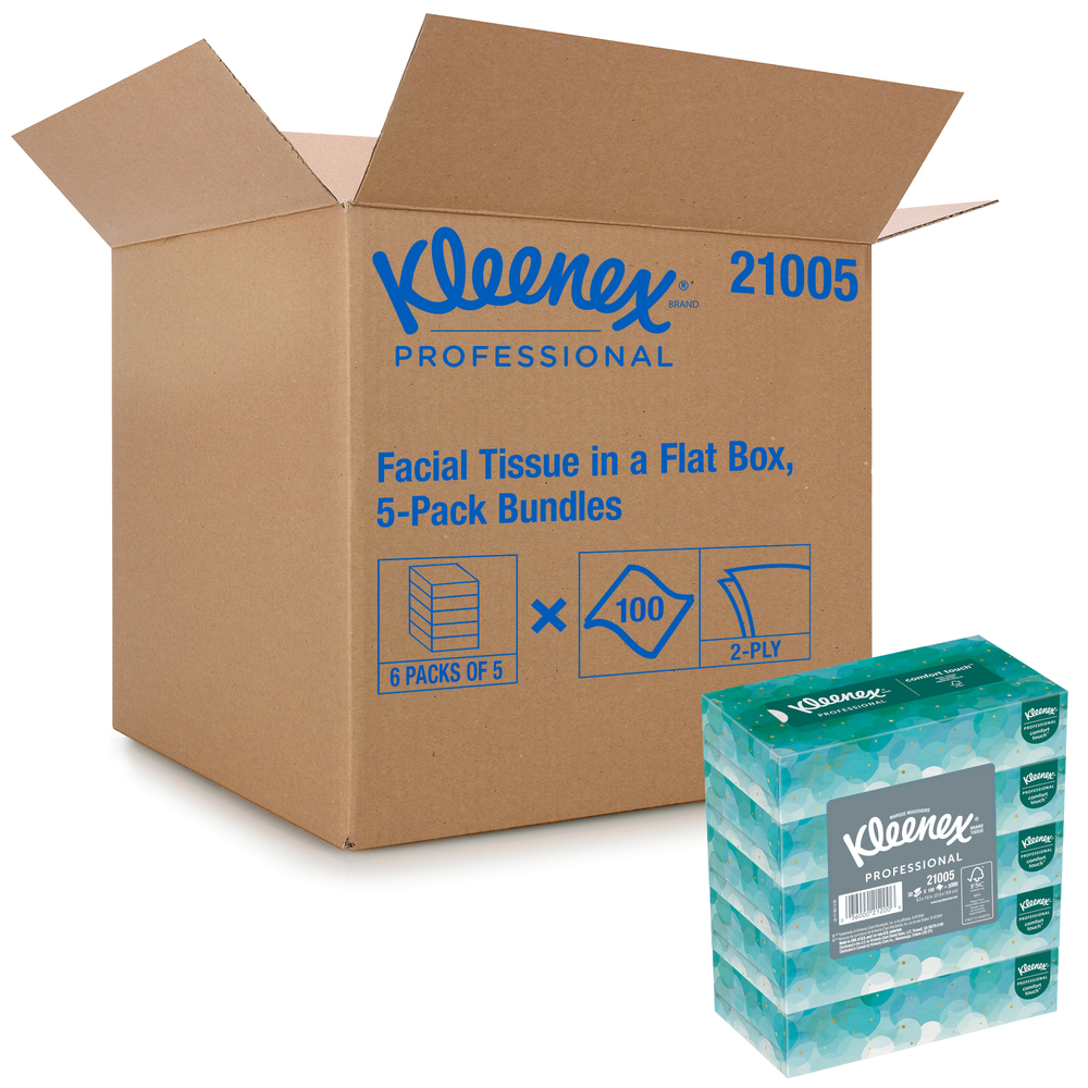 Kleenex® Professional Facial Tissue for Business (21005), Flat Tissue Boxes, 6 Bundles / Case, 5 Boxes / Bundle, 100 Tissues / Box 