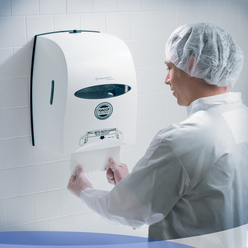 Distributrice d’essuie-mains en rouleaux durs grande capacité compatibles avec les produits Sanitouch (09995), manuelle sans contact, blanche - 09995