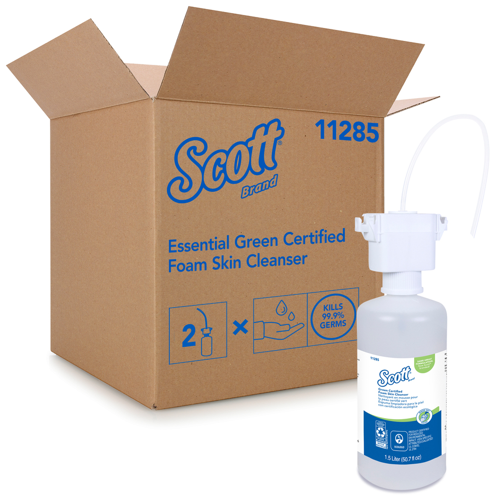 Savon moussant pour les mains Scott Essential certifié écologique, EcoLogo, certifié E1 par la NSF (11285), non parfumé, transparent, bouteilles de 1,5 L à installer sous le comptoir, 2 unités/caisse - 11285