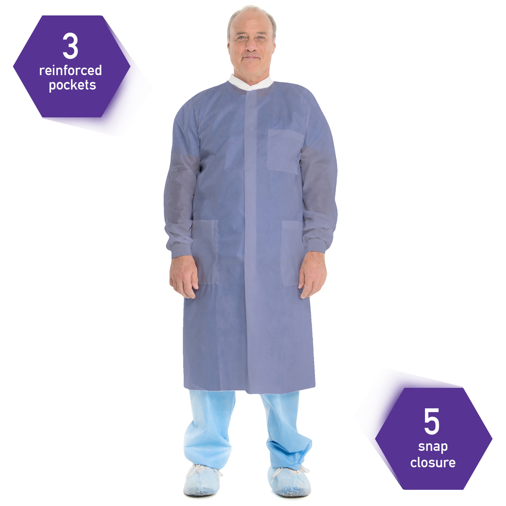 Kimtech™ A8 Certified Lab Coats with Knit Cuffs and Collar (10031), Protective 3-Layer SMS Fabric, Knit Collar & Cuffs, Unisex, Blue, Medium, 25 / Case - 10031