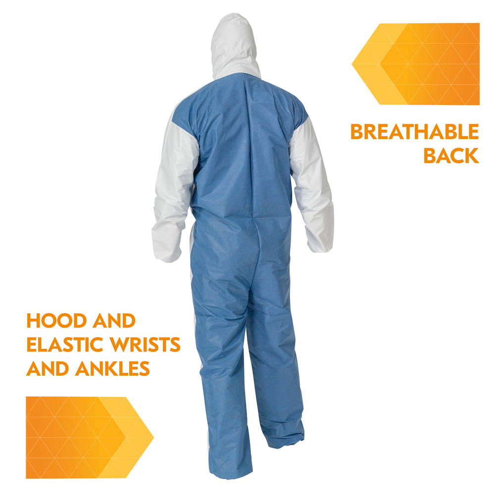 KleenGuard™ A40 Liquid & Particle Protection Coveralls (38508) with Blue Breathable Back, Zipper Front, Hood, EWA, White, 4XL, 25 / Case - 38508