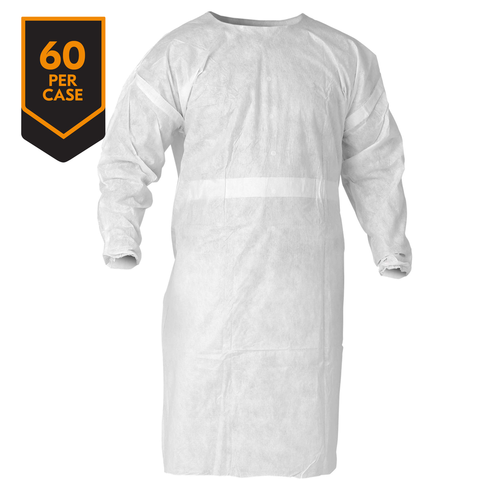KleenGuard™ A20 Breathable Particle Protection Smocks (36150), Sonic Seams, Tie Closure, Elastic Wrists, White, Universal Size, 60 / Case - 36150