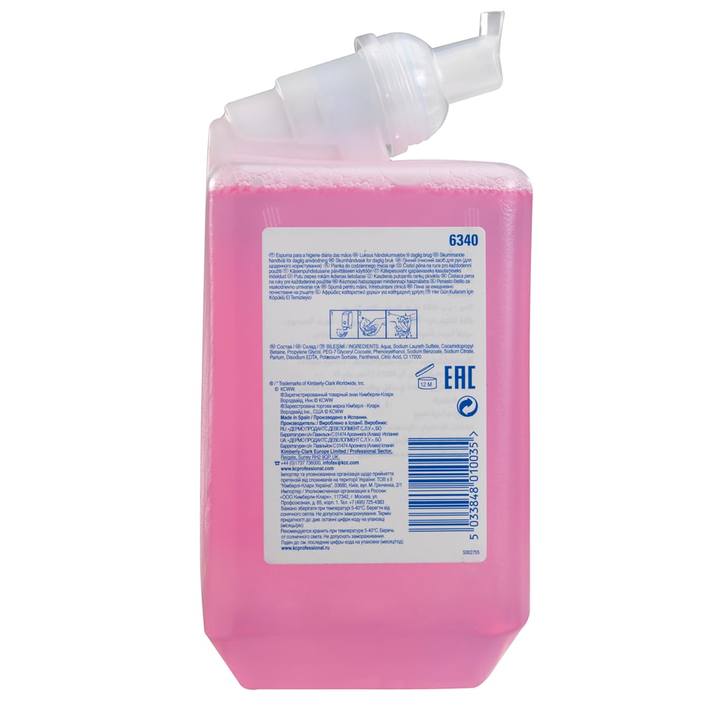 Scott® Essential™ Schaum-Seife für die tägliche Verwendung 6340 – parfümierte Handseife – 6 x 1 Liter, Kassetten rosafarbener Handreiniger (insges. 6 l) - 6340