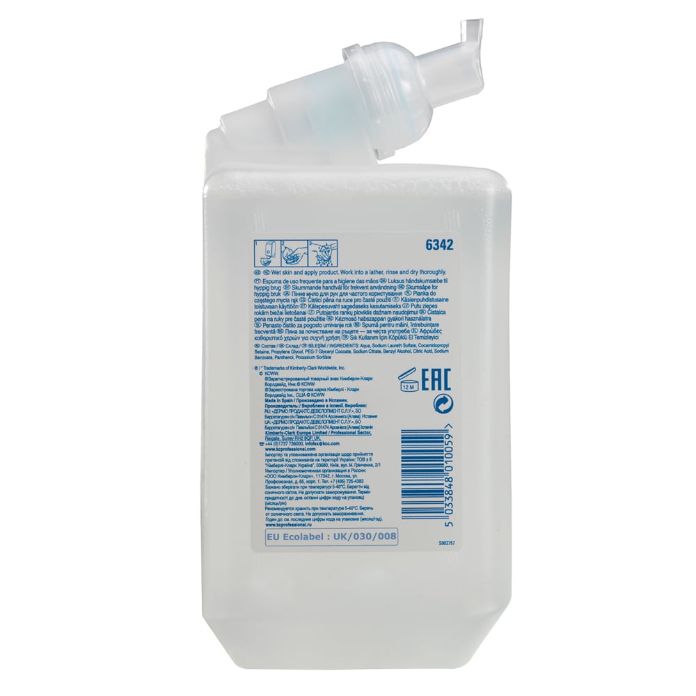 Scott® Control™ schuim handreiniger voor frequent gebruik 6342 –ongeparfumeerde schuimende zeep voor handen - 6 x 1 liter heldere handzeepnavulling (in totaal 6 liter) - 6342