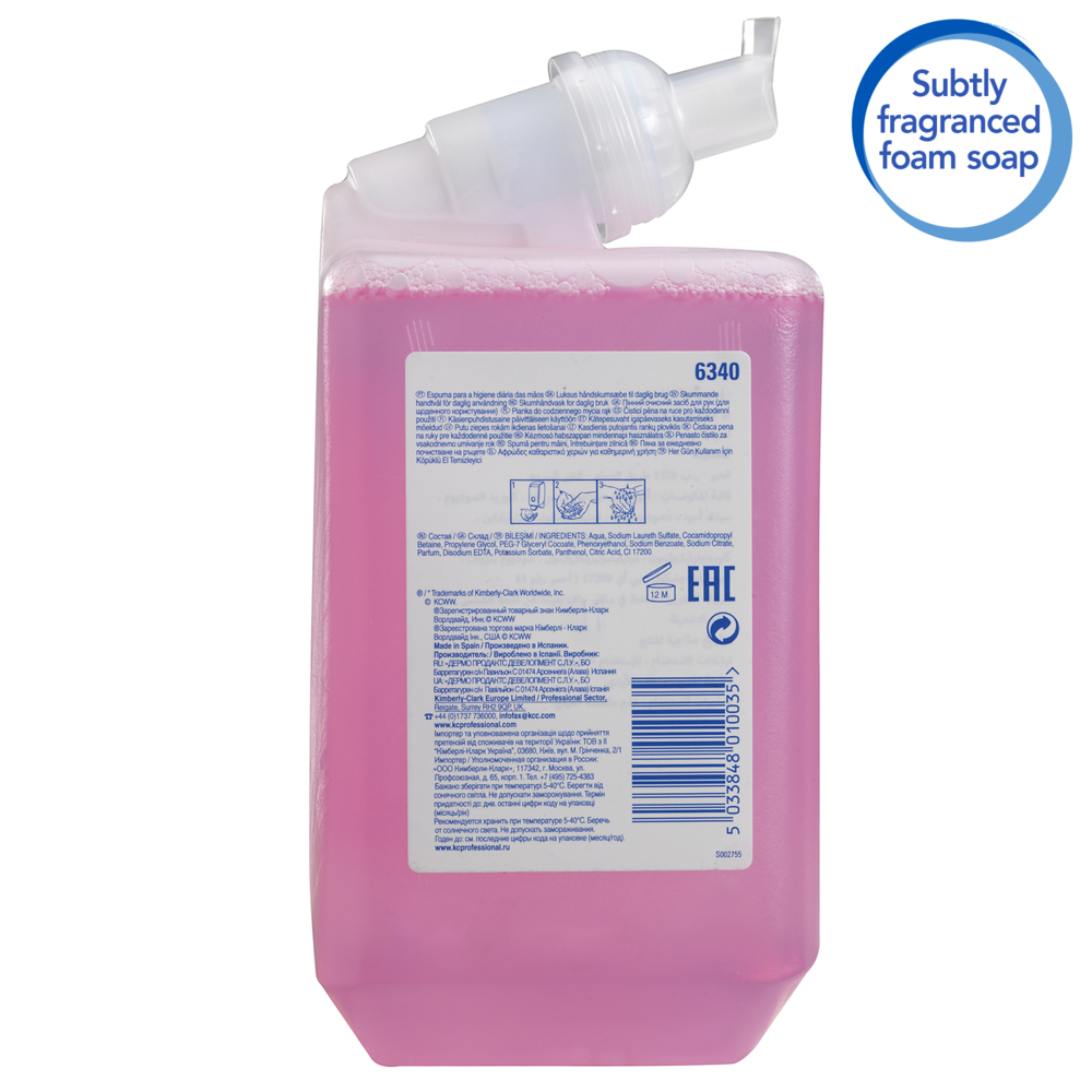 Scott® Essential™ schuimende handreiniger voor dagelijks gebruik 6340 - schuimende, geurige vloeibare handzeep - 6 navulflacons met roze handzeep van 1 liter (6 liter in totaal) - 6340