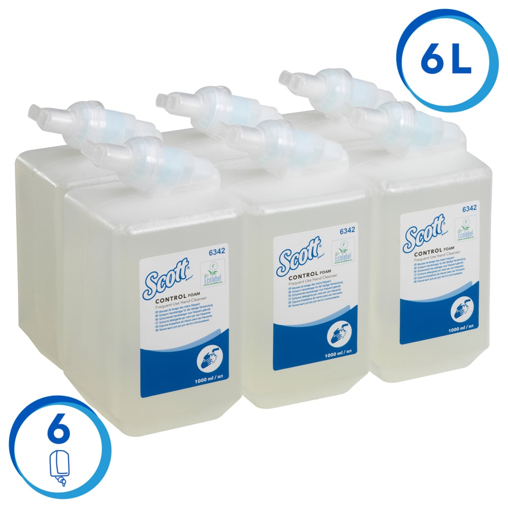 Savon mousse à usage fréquent pour les mains Scott® Control™ 6342 - Savon mousse non parfumé pour les mains - 6 recharges x 1 litre de Savon mousse transparente pour les mains (6 litres au total) - 6342