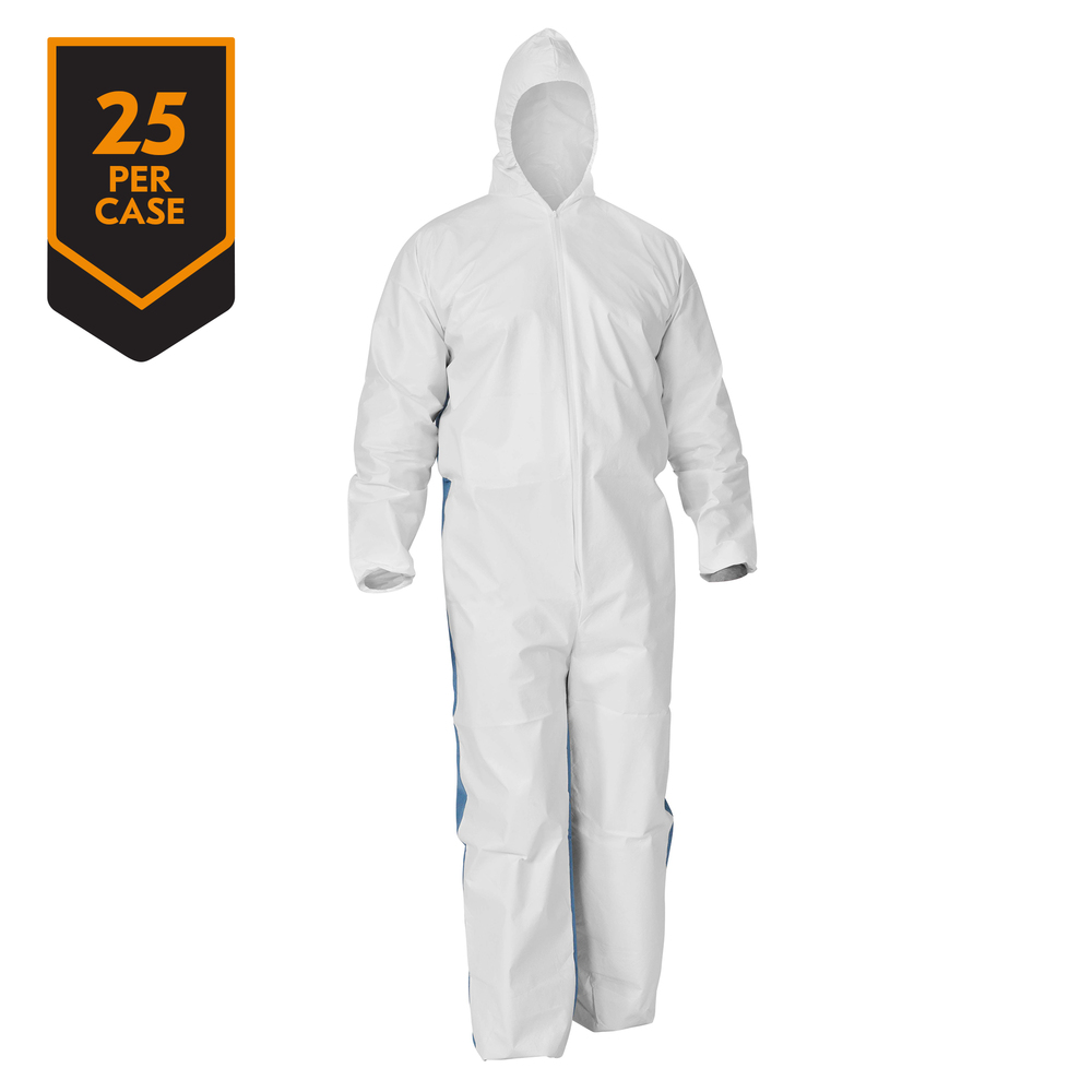 KleenGuard™ A40 Liquid & Particle Protection Coveralls (38508) with Blue Breathable Back, Zipper Front, Hood, EWA, White, 4XL, 25 / Case - 38508